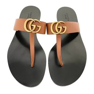 Gucci GG Marmont Double G Leather Thong Sandal Shoes Brown Size 37.5 US 7.5